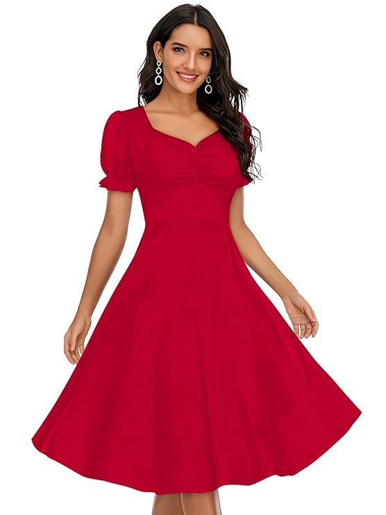 Stylised Neck A Line Dress - Red