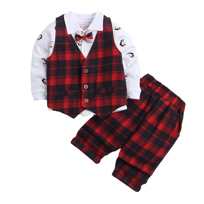 Hopscotch Baby Boys Cotton Checkered Regular Fit Waistcoat Shirt And Pant Set In Multi Color For Ages 18-24 Months